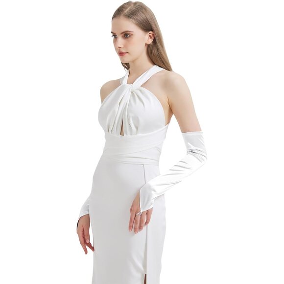 Women's White Fingerless Elbow Length Satin Long Gloves Halloween Cosplay - Picture 2 of 7